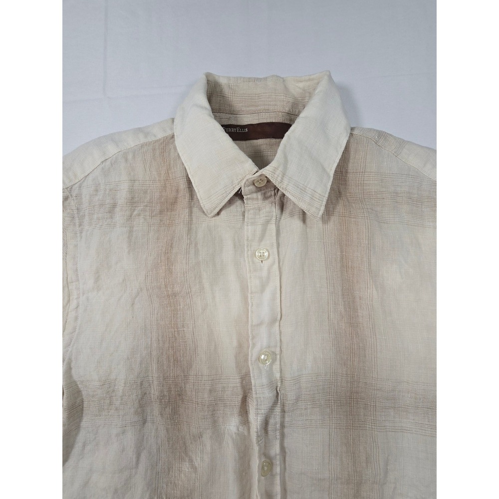 Perry Ellis Mens Short Sleeve‎ 100% Linen Button Up Shirt Beige Plaid Small
